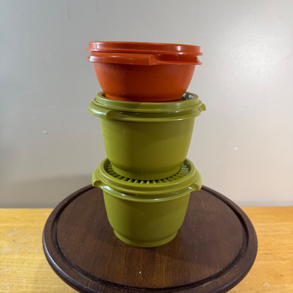 Tupperware Cereal Bowls 3pc Set Vtg Avocado Green Orange Sunburst Lids 886 1322